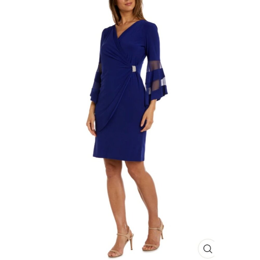 R & M Richards Dress 8 Navy Illusion Stretch Wedding Party Cruise $120 Washable